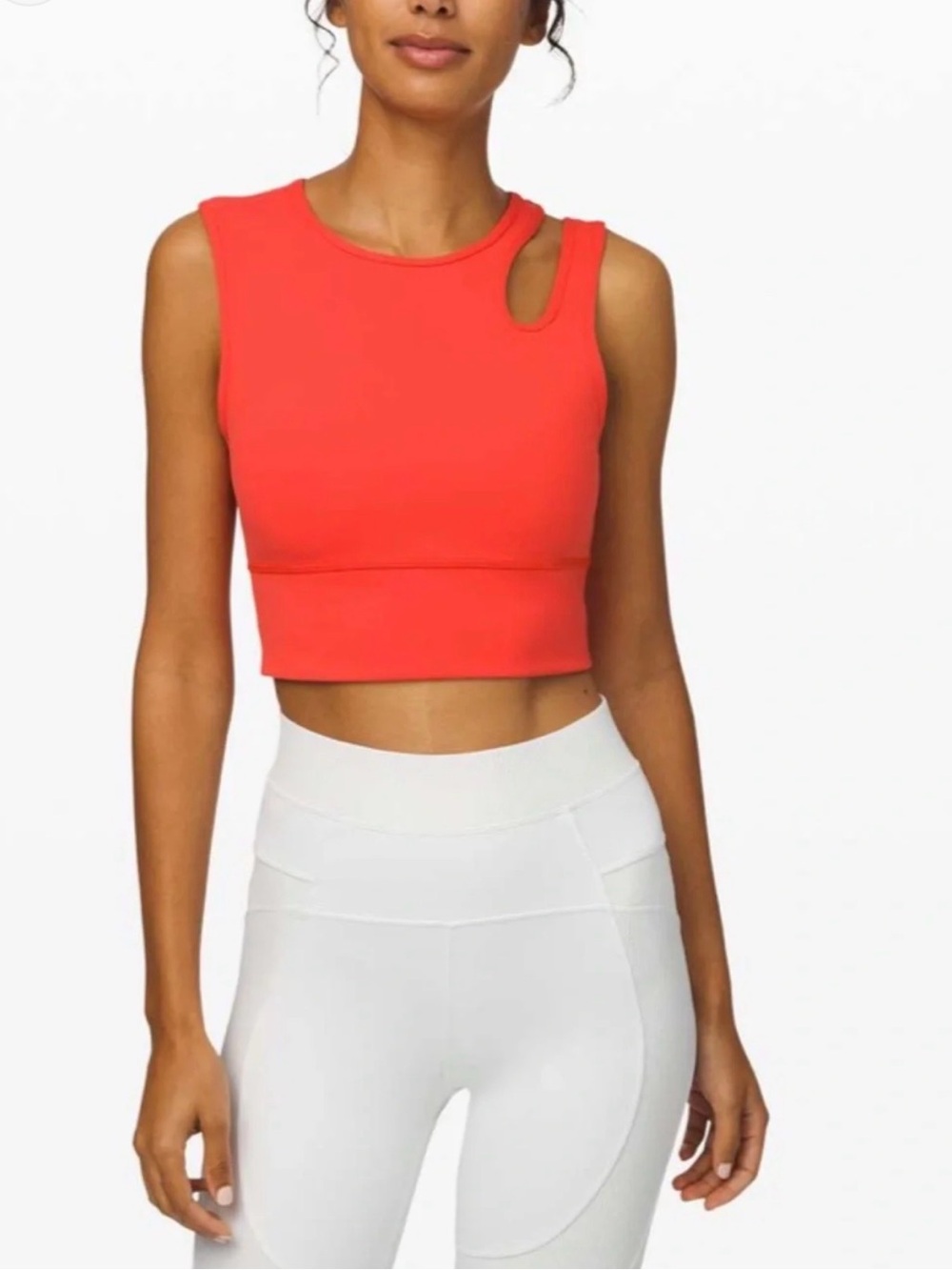 Lululemon Cutout Shoulder Crop Top in Coral Red with Built-In Bra